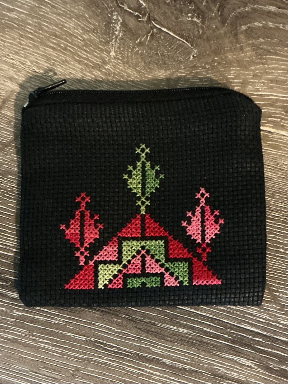 Handmade by Desert Embroidery Black Embroidered Zip Pouch Pink Green CrossStitch